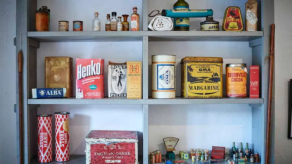 Display of old food packaging at Otterup Museum