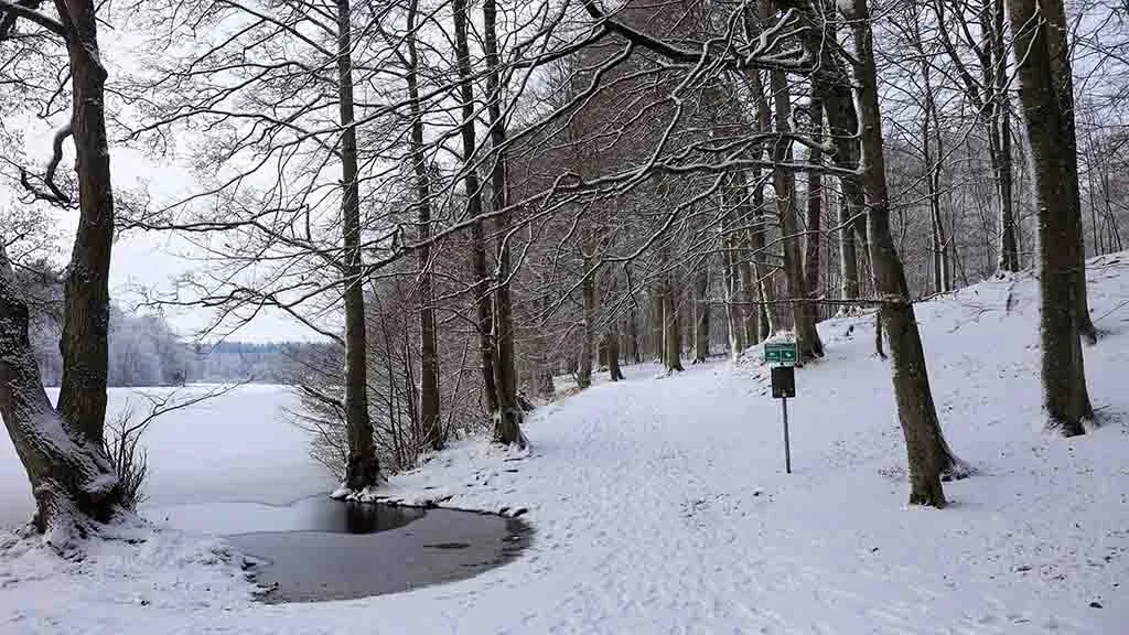 Langesø in December with snow on the path and ice in the lake