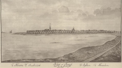 En gammel tegning af Bogense og havnen
