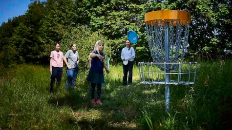 Unge personer spiller discgolf i Fyns Sommerland