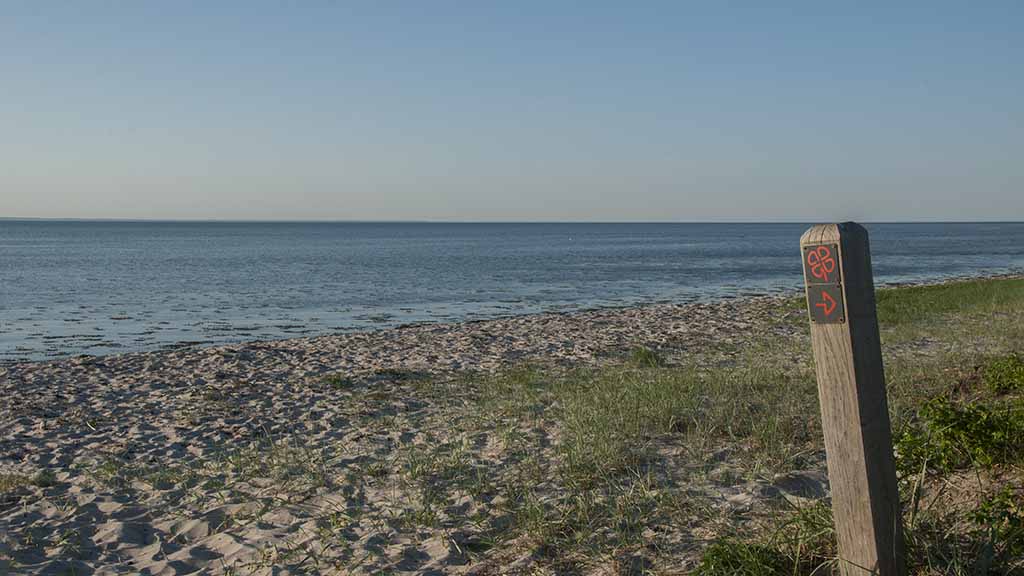 Sign with red cloverleaf route at Skåstrup Strand