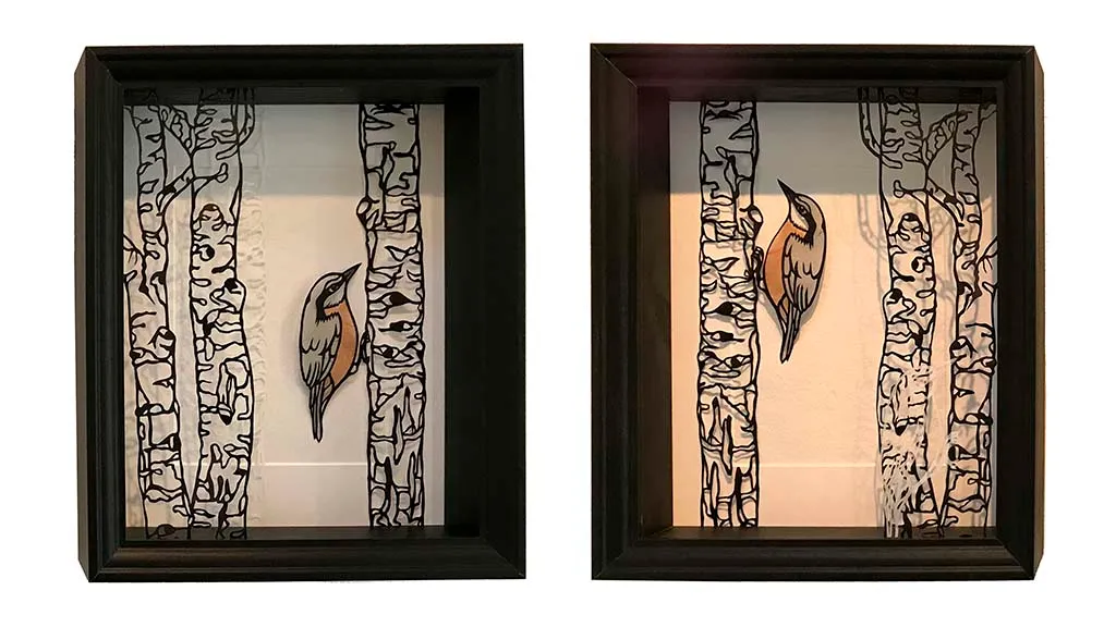 The paper work woodpeckers by artist Karen Engholm Jensen