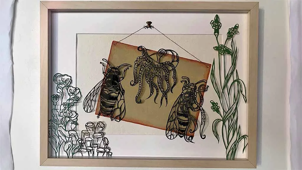 The mixed media work bee booze by artist Karen Engholm Jensen