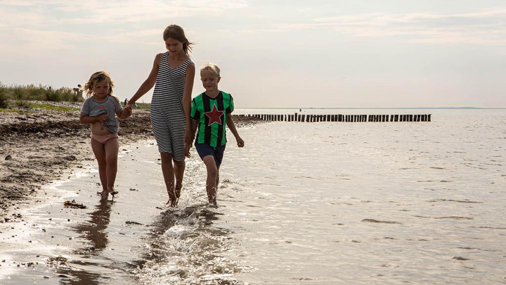 Children walking along the shoreline at DCU Camping Flyvesandet