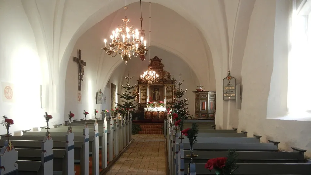 Veflinge Church decorated for Christmas with Christmas trees at the altar and the pulpit