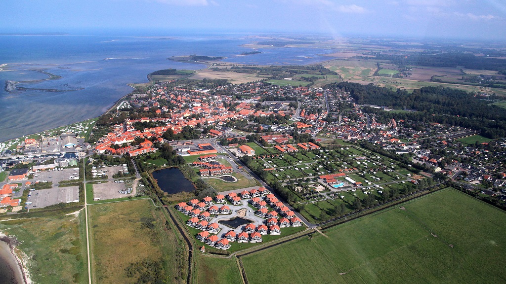 Aerial view of the town of Bogense and the entire campsite First Camp Bogense