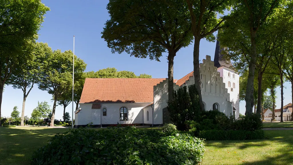 Bogense Church seen from the cemetery towards the harbour