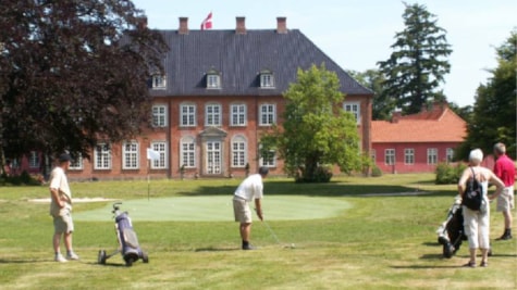 En gruppe spiller golf med Langesøslottet i baggrunden