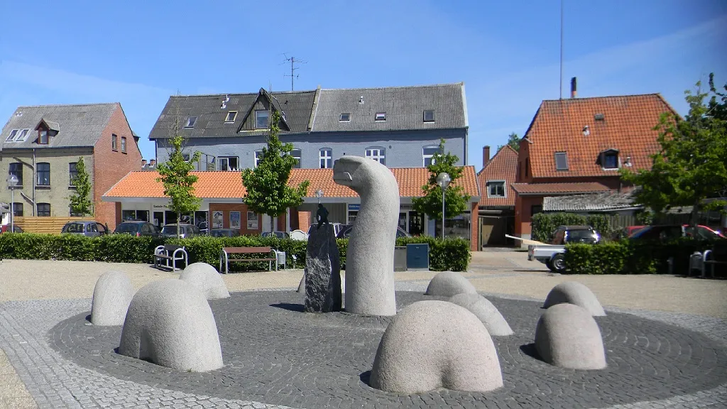 The sculpture of the Midgard Serpent on the square in Otterup