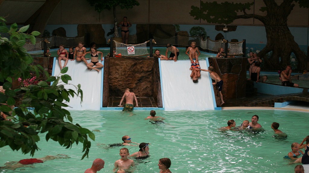 The water slides in the water park at First Camp Hasmark