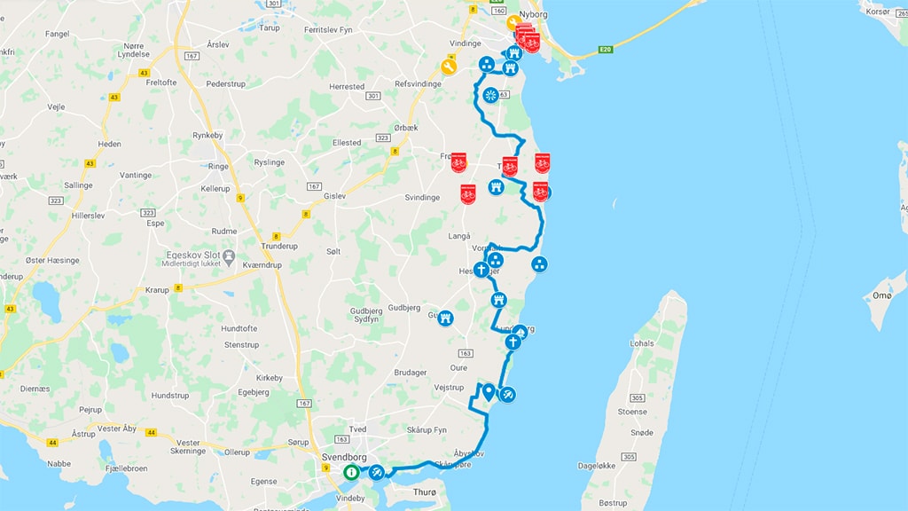 Kort der viser cykelrute N8 - Østersøruten - mellem Nyborg og Svendborg