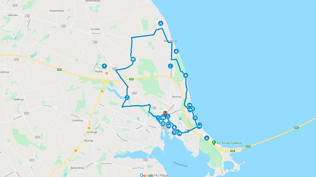 Kort der viser cykelruten i Nyborg til Regstrup og Hjulby Sø