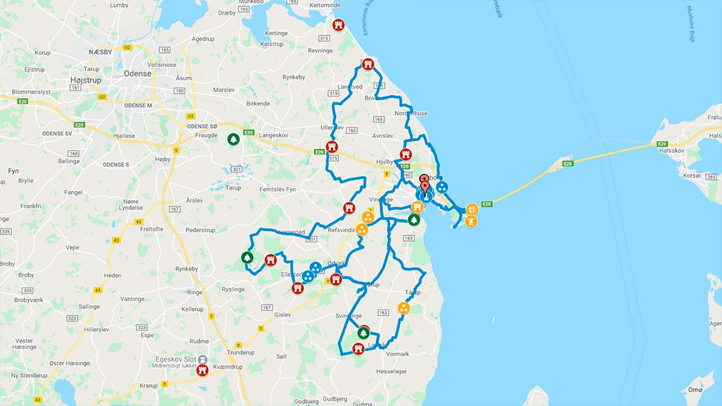 kort der viser forskellige cykelruter i Nyborg med historiske oplevelser