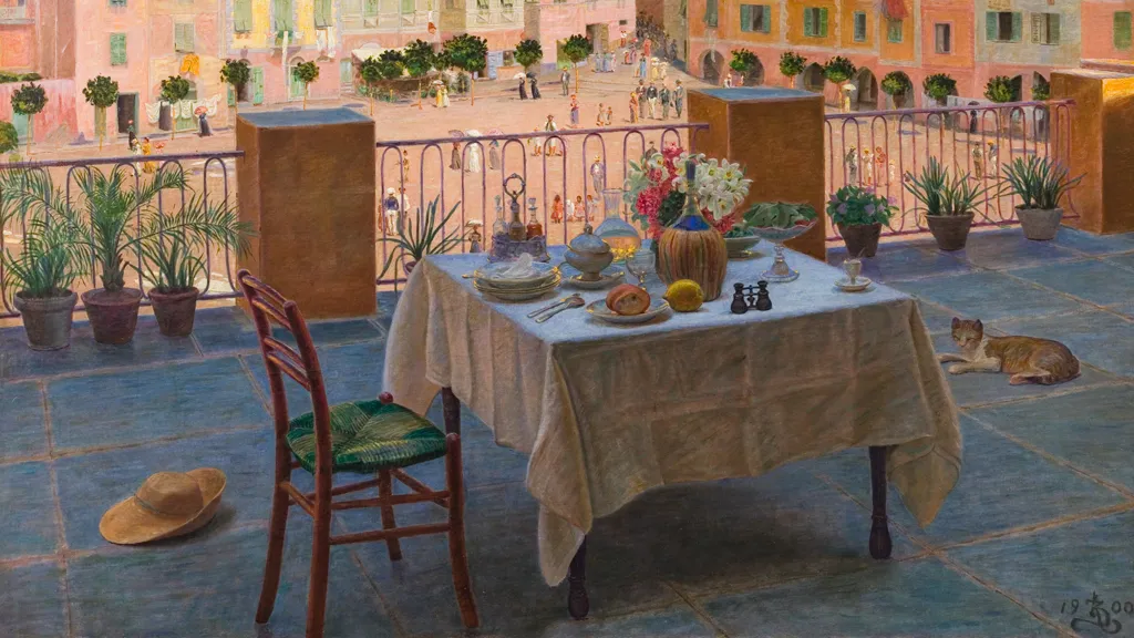 My breakfast table in Portofino, painting at Ribe Art Museum