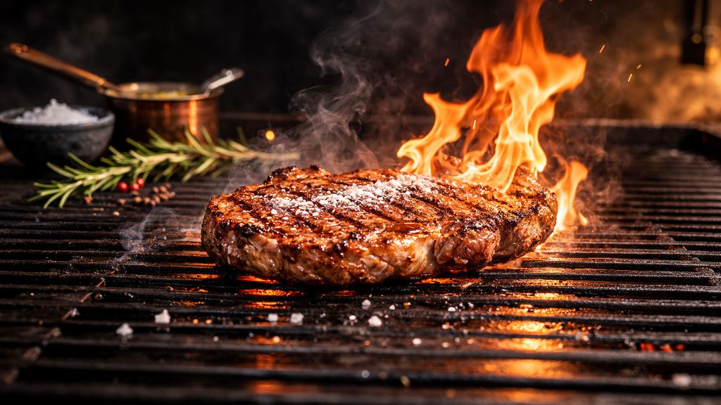 Bøf på grill med flammer