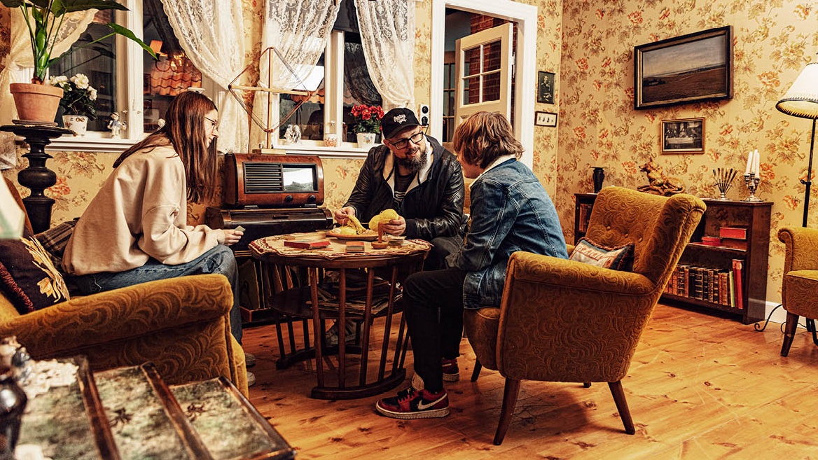 Three people at a table
