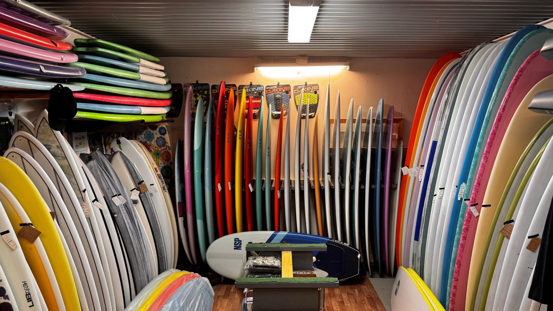 Surfboards og SUP-boards udstillet i Windsport-butikken