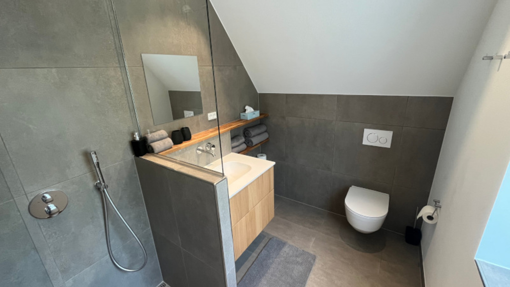 Et lille badeværelse med moderne indretning, udstyret med brusebad, håndvask og toilet.
