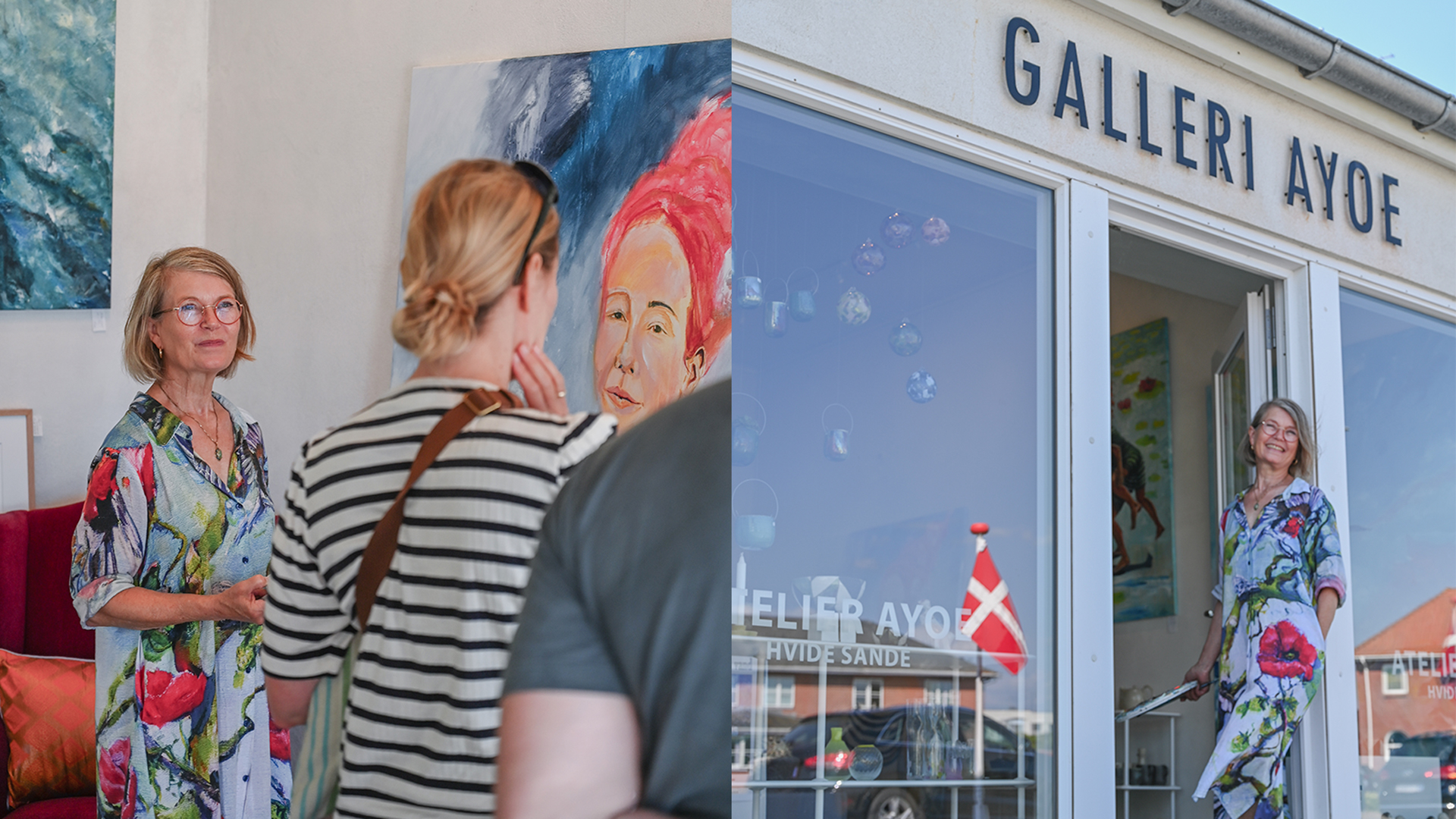 Kunstner byder velkommen ved indgangen til Galleri Ayoe.