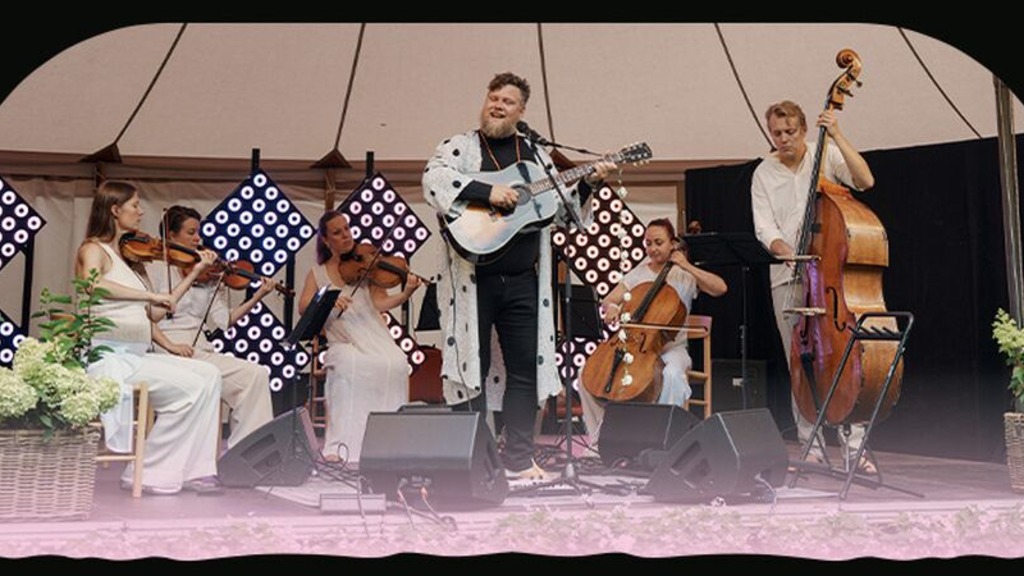 Foto af en gruppe musikere med guitarer og strygeinstrumenter.