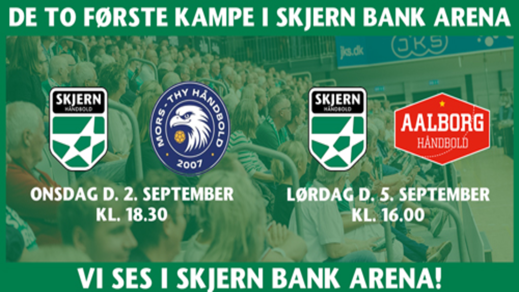 Grøn informationsplakat om den allerførste håndboldkamp i Skjern Bank Arena.