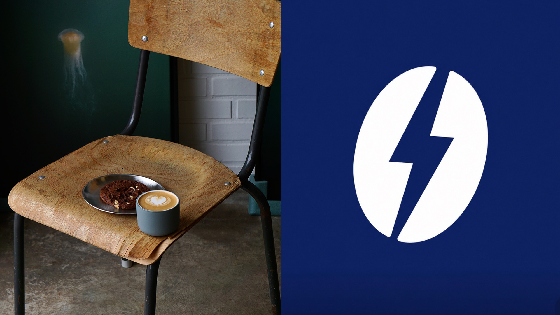 Dieses doppelte Bild zeigt das Logo von Buzz Stop & einen Stuhl mit Kaffe & Kuchen darauf.