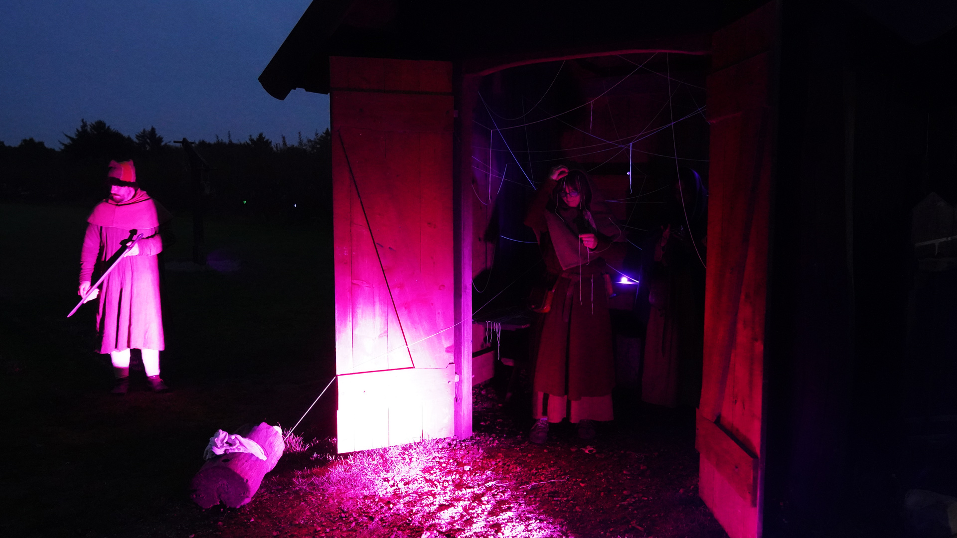 Wikinger an einem Holzhaus, das im Dunkeln von violettem und pinkfarbenem Licht beleuchtet wird
