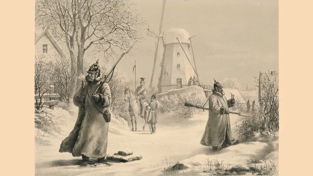Nybøl Mølle i 1864 med preussiske vedetter