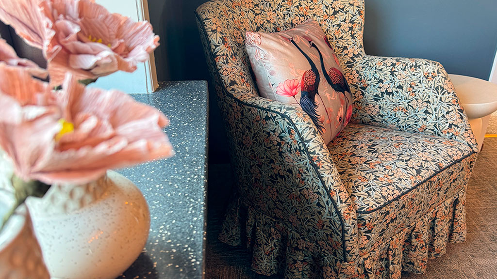 Lovely upholstered armchair at Hotel Arnkilhus in Sønderborg on the island of Als