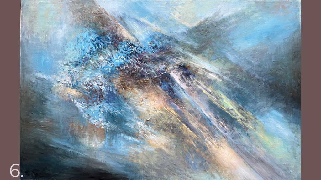 Painting by Dea Enna - mountain formation with light figures