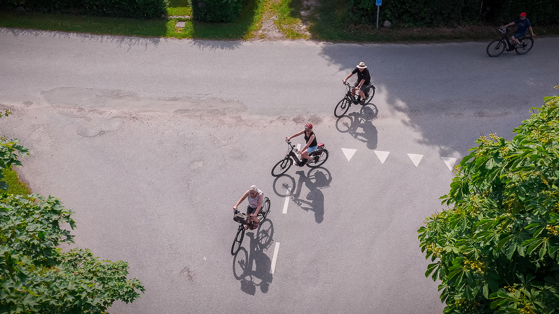 Four cyclists at a road junction surrounded by green trees on Langeland