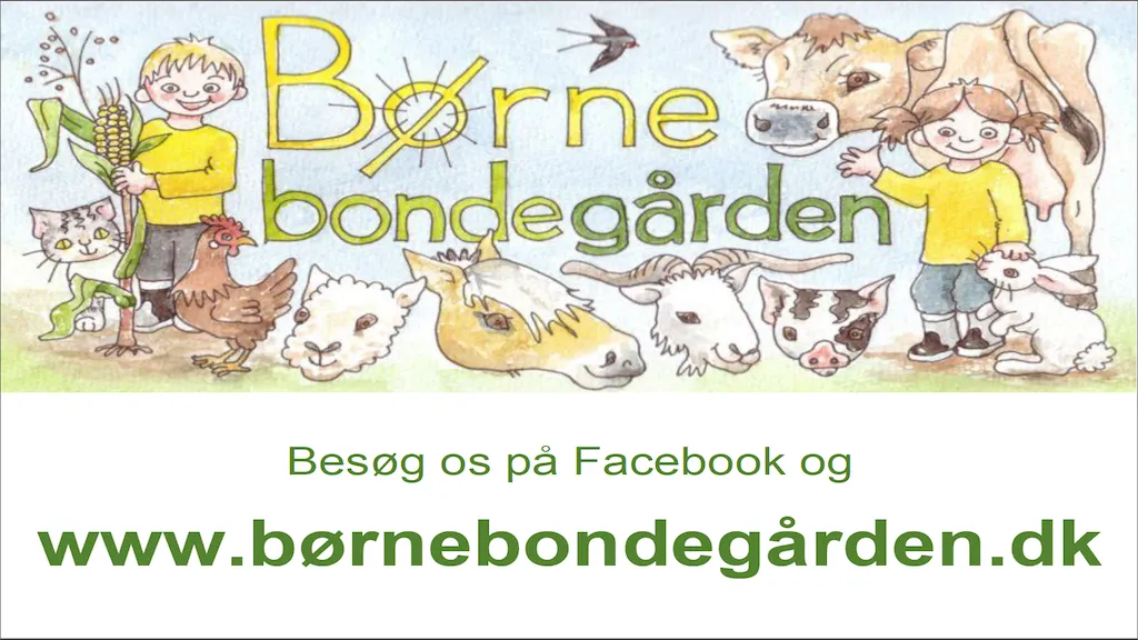 Tegnet reklame for Børnebondegården med link til Facebook og hjemmeside