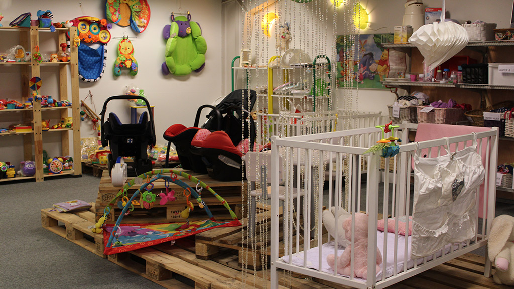 The children’s section at the Blå Kors Thrift Store in Horsens