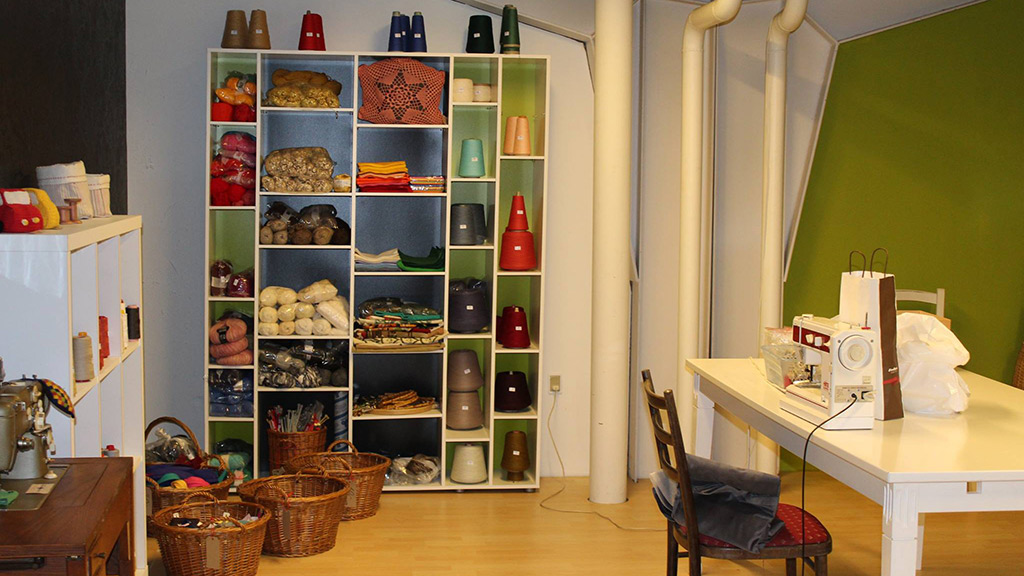 Yarn on the shelves at the Blå Kors Thrift Store in Horsens
