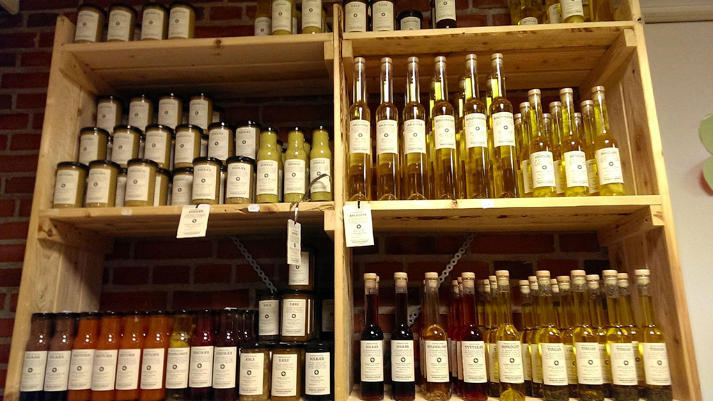 Various specialty products on the shelves in the store at Sdr. Vissing Torvehal