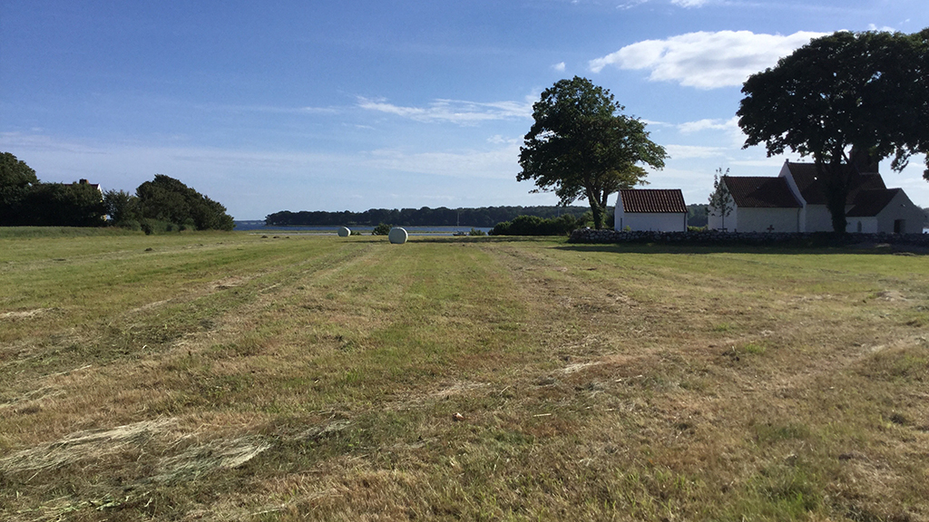 Hjarnø Campsite with a view of the church and water