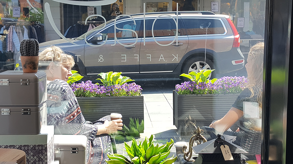 The view from inside Blas Kaffe og The looking out onto Rosensgade