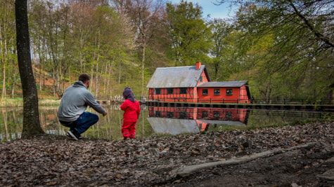 Батько з дочкою сидять біля ставка млина в Boller Vandmølle у Klokkedal Skov поблизу Horsens
