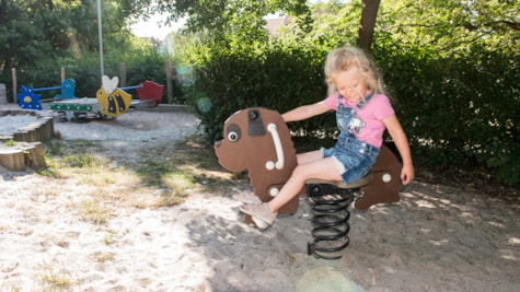 Lille pige gynger på vippedyr på legepladsen i Caroline Amalie Lunden