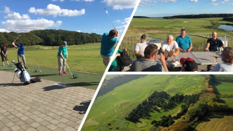 Collage af gæster og dronefoto ved Stensballegaard Golfklub