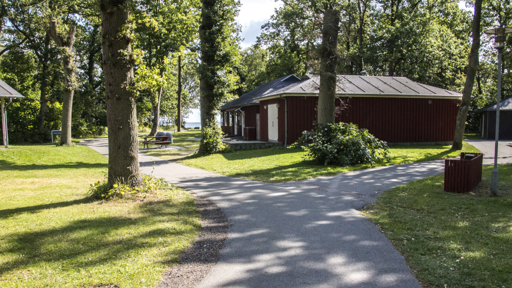 The holiday cottage at Hou Søsportcenter is in the shade of trees