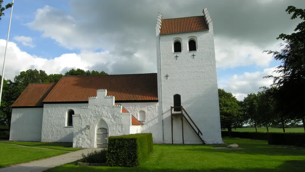 White church with a red roof, Bjerager Church