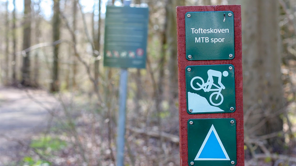 Sign for the blue trail at the mountain bike trail in Tofteskoven Forest