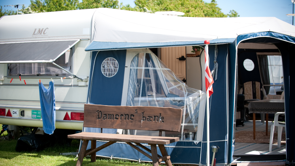 The ladies' bench by the caravan at Hou Strandcamping