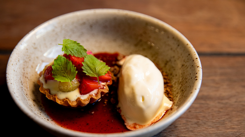 Gourmet strawberry tart with ice cream at Café Gran in Horsens