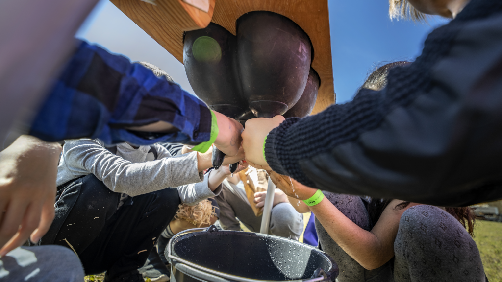 Children milking a cow at the agricultural fair in Horsens