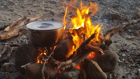 Madlavning ved bål på stranden