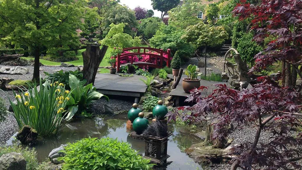 Skulptur i dammen i en japansk inspireret have