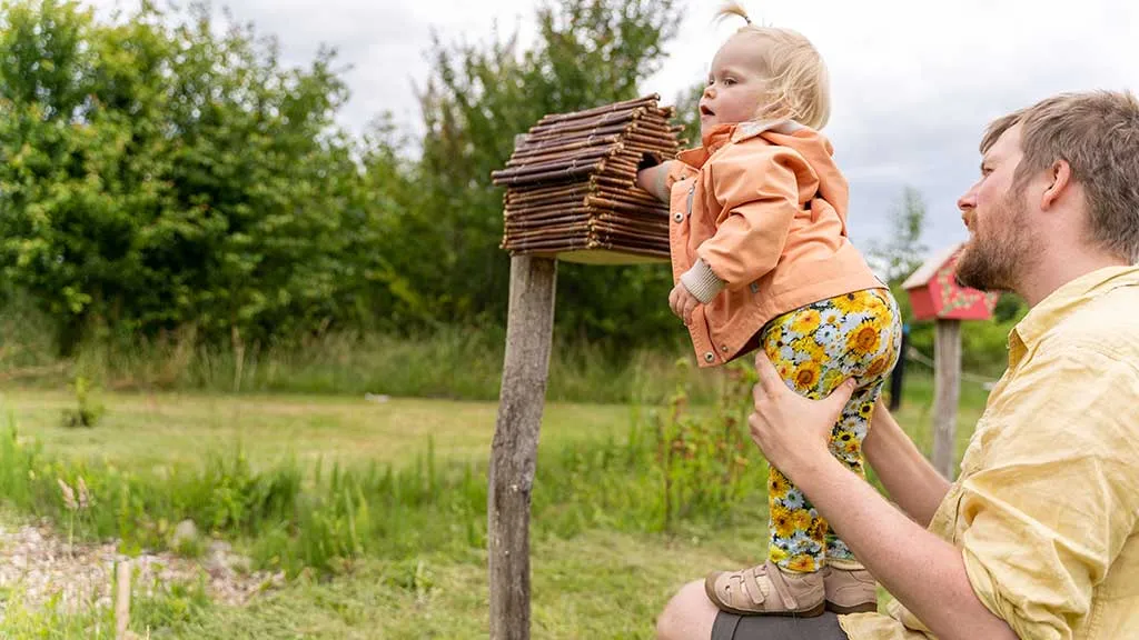 Girl feels inside a birdhouse in the Fairy Tale Forest