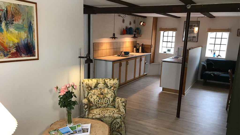 Armchair and kitchen living area in a holiday apartment